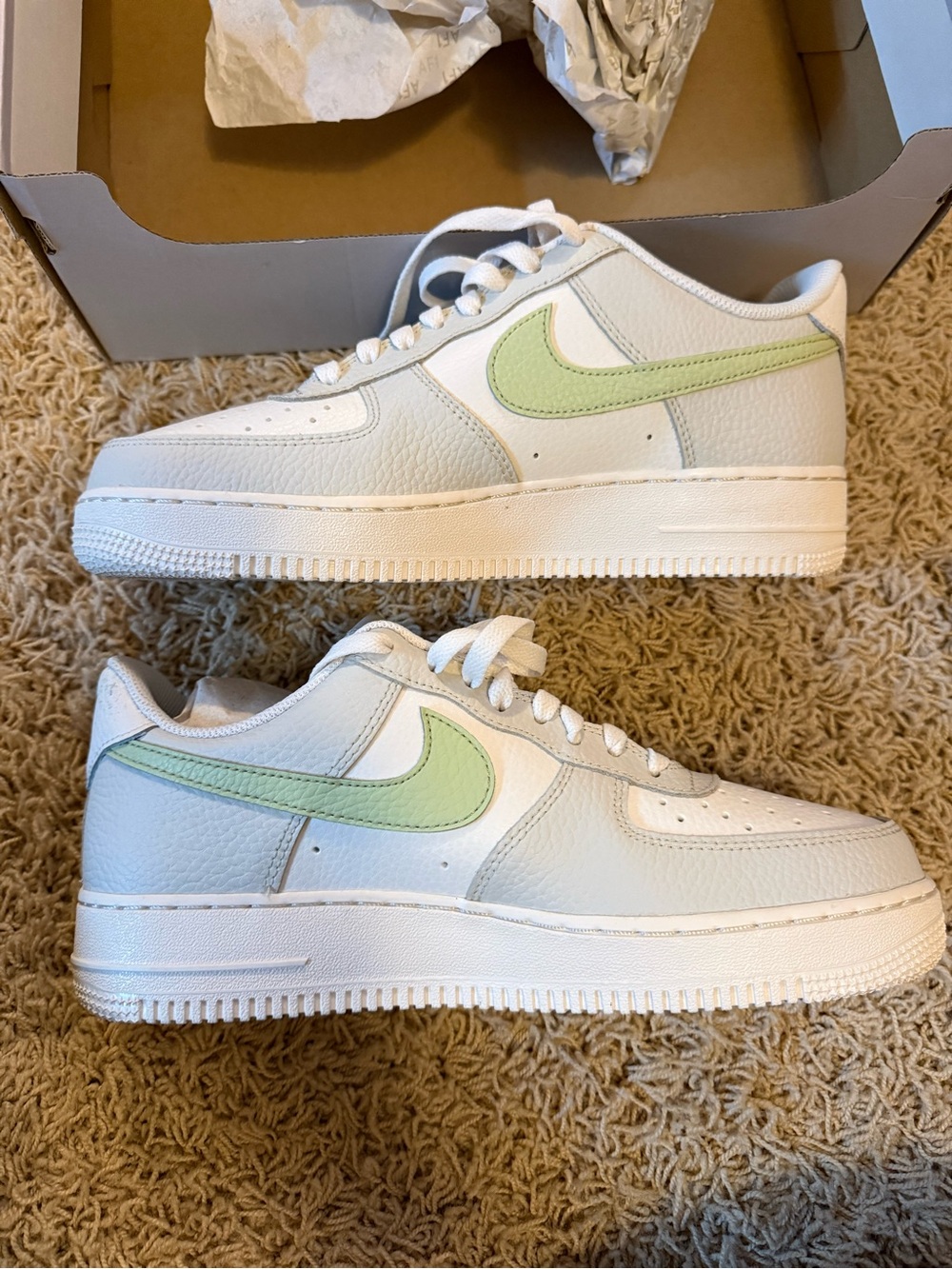 Nike White Sneakers with Light Green Swoosh